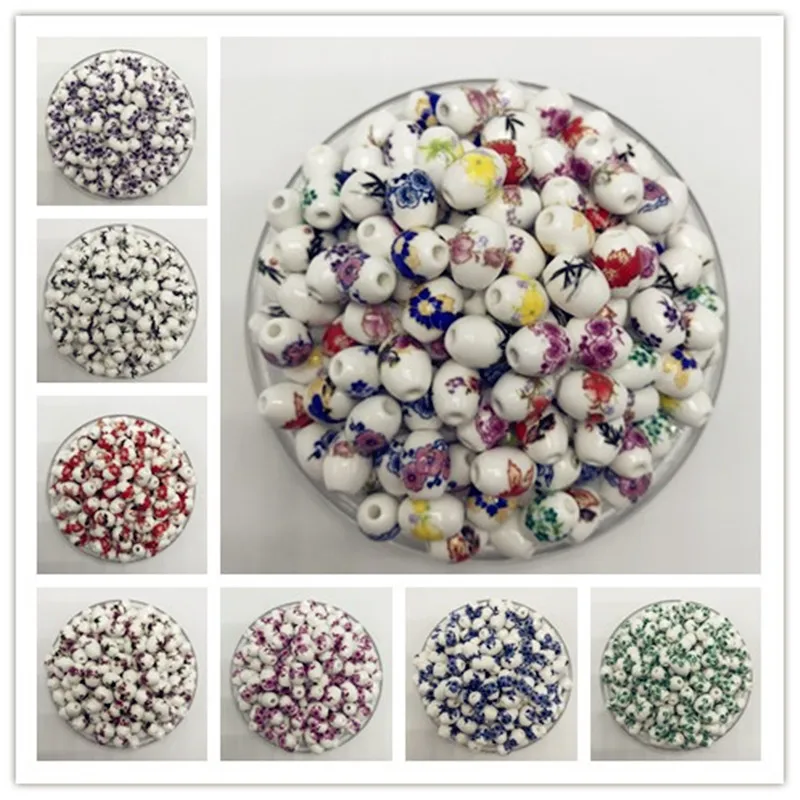 30pcs/lot 8x11mm Oval Shape Ceramic Beads Porcelain Beads Straight Hole Flower Loose Spacer Beads Handmade DIY Jewelry Making