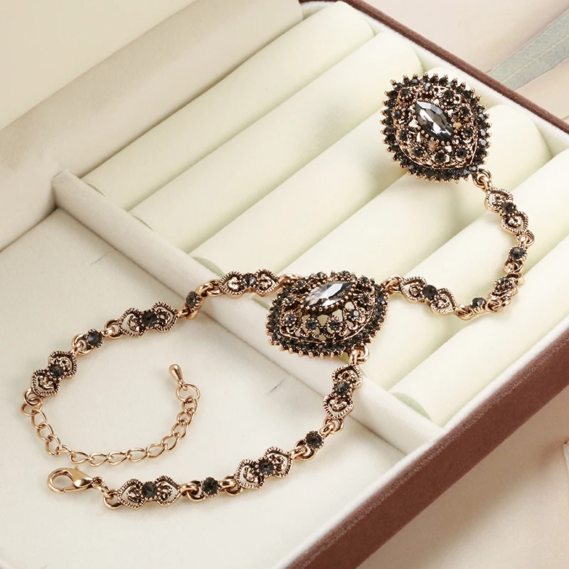 Wbmqda Hot Gray Crystal Bracelet link Ring Ethnic Bridal Wedding Jewelry Set Antique Gold Vintage Flower Bracelet For Women