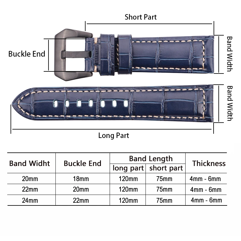 Genuine Leather Crocodile Pattern Watch Strap for Panerai 20mm 22mm 24mm 7 Colors Thick Watchband Belt Accessories