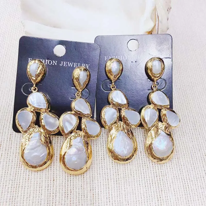 

Fashion New Elegant Freshwater Pearl Shell Drop Earrings Dangle Earring Copper 24K Gold Plated 3pairs