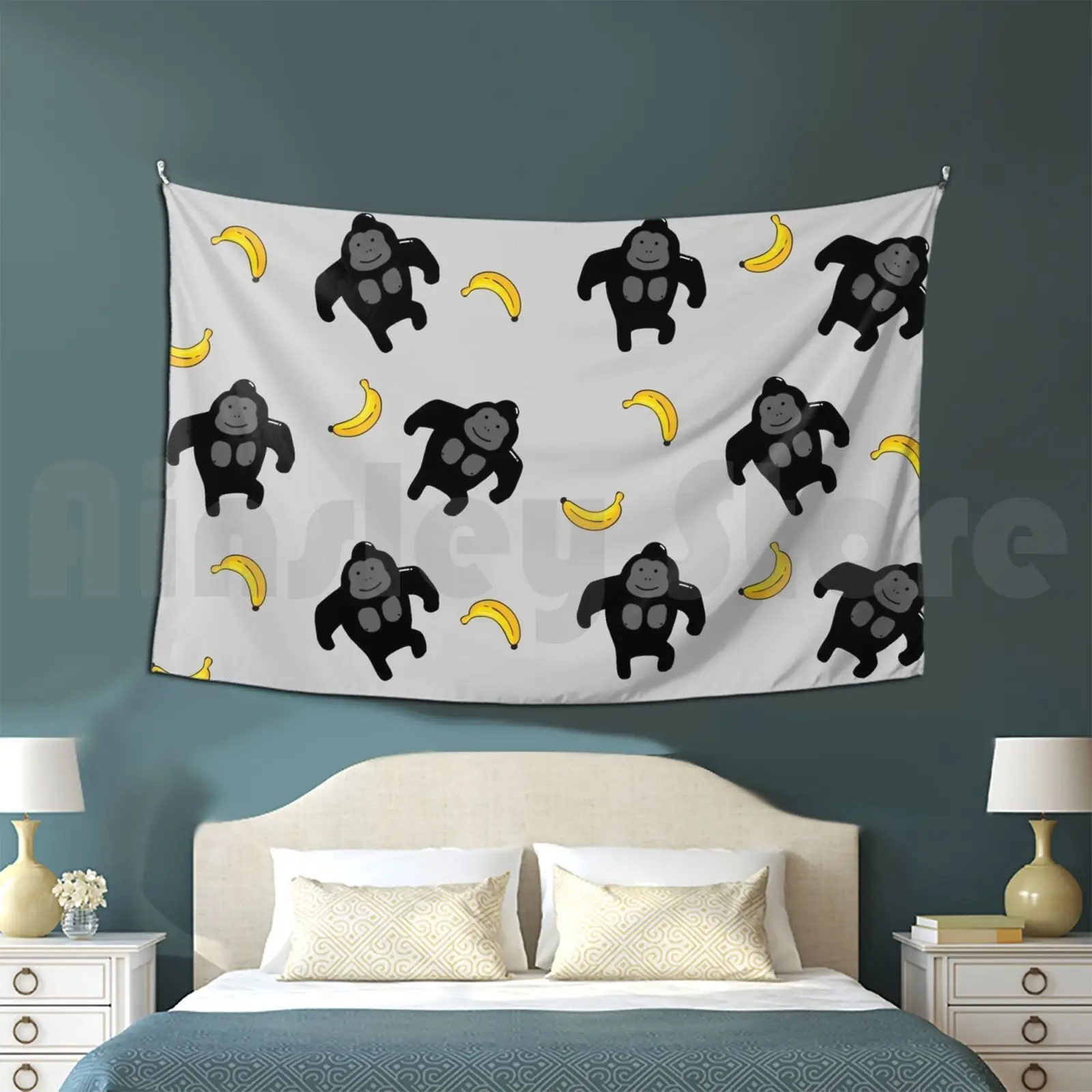 Gorilla Tapestry Living Room Bedroom 400 Gorilla Monkey Kawaii Cute Banana Fruit Cartoon Anime Pattern Cool Design