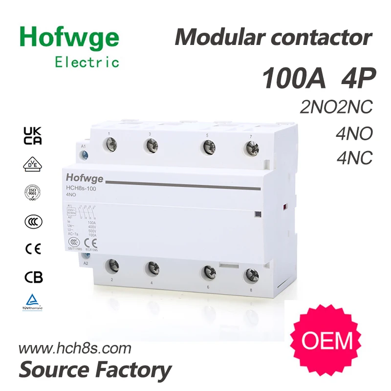 

HCH8s-100 Modular Contactor 2P 4P 100A 4NO 2NO2NC 24V 110V 220V Automatic Household Contactor Din Rail Type