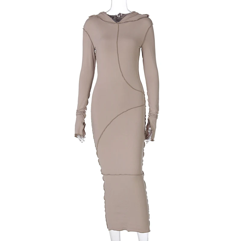 2023 Long Sleeve Hooded Patchwork Skinny Maxi Dress