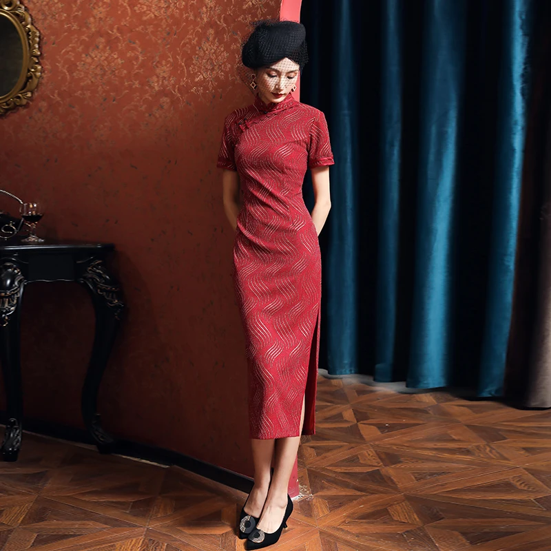 

Chinese Dress Red Lace Qipao Dress Plus Size Cheongsams High End 2021Sexy Cheongsam Dresses Party Oriental Dresses China Clothes