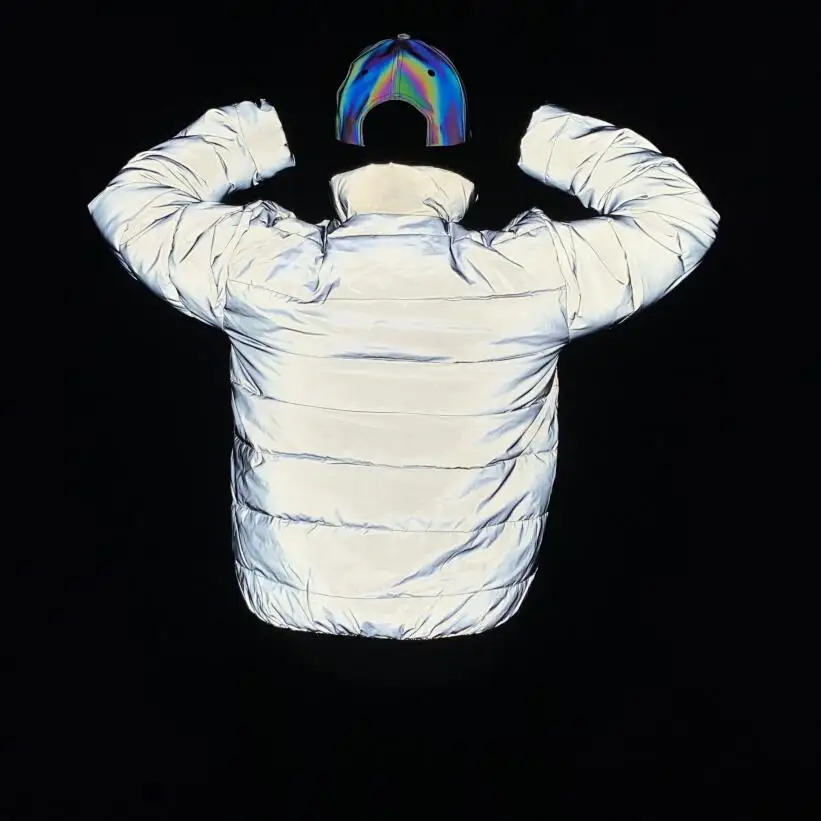 New 2026 Reflective Jacket Men Winter Warm Cotton-Padded Coat Harajuku Street Hip Hop Jackets Night Reflect Light Parka