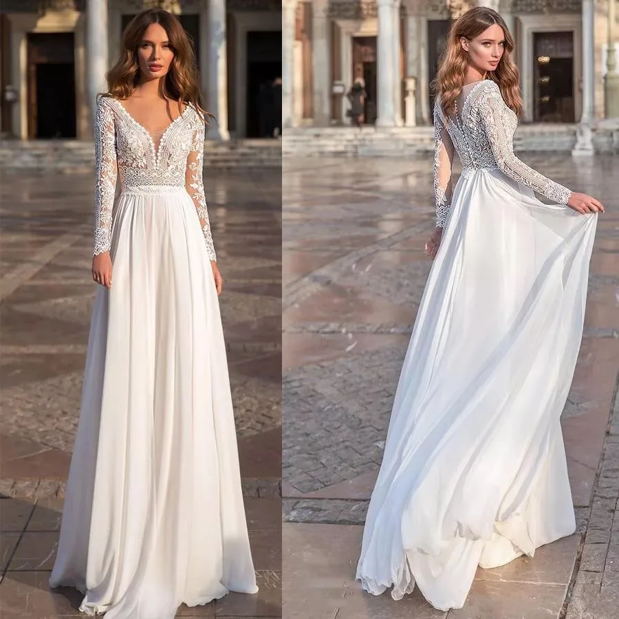 Abito da sposa con scollo a V a maniche lunghe con bottoni a trapezio in chiffon con applicazioni di pizzo Elegante abito da sposa civile Abiti da Noiva personalizzati