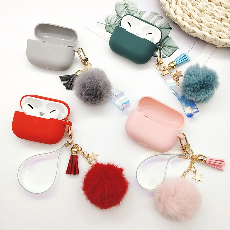 ピンクのシリコンairpodspro 3ケース,bluetoothイヤホン用,かわいい星型のタッセルとヘアボール付きのキーホルダー,airpods 2/1