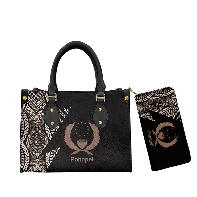 

2pcs Set Handbags and Wallet Pohnpei Polynesian Tribe Print Purse PU Leather Hand Bag for Women Lager Capacity Totes Bolsa