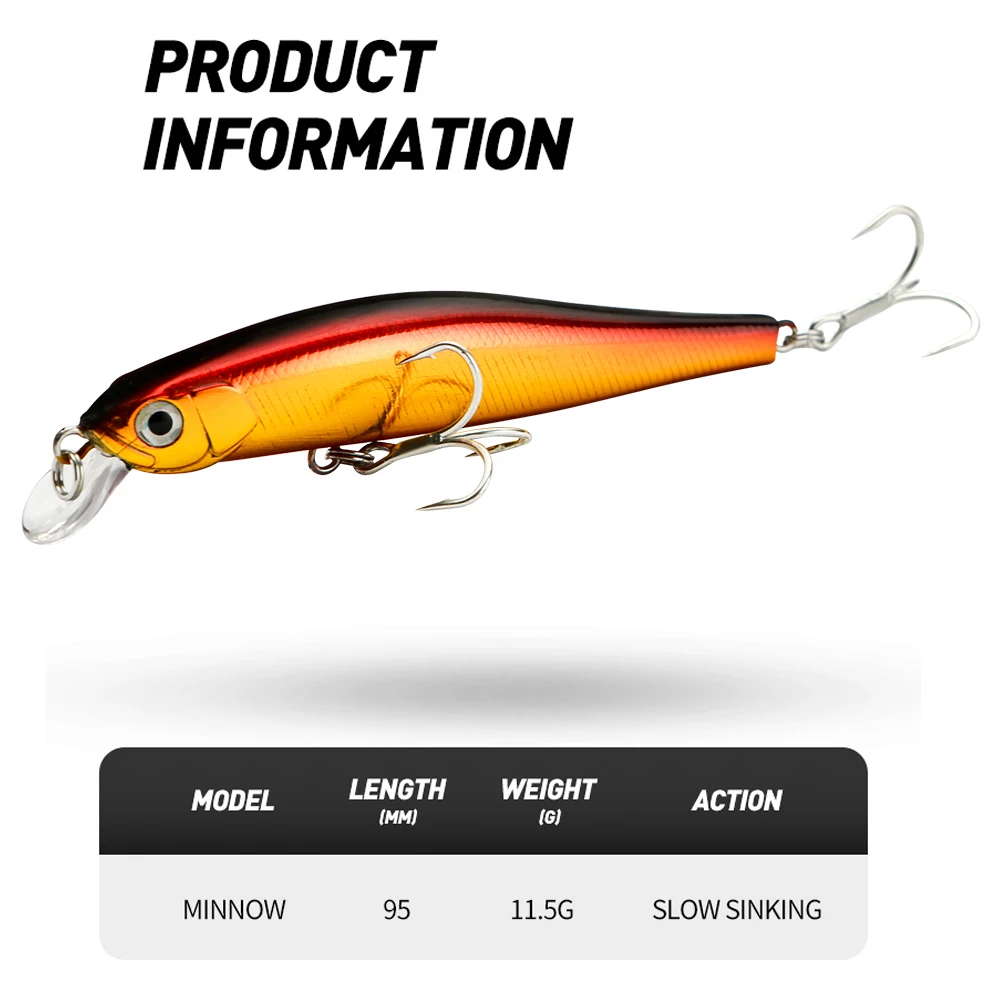 JOHNCOO Fishing Lure Minnow Swimbait Artificial Bait Hard Bait Wobbler 95mm 11.5g Slow Sinking 3D Fisheyes 2 Hooks