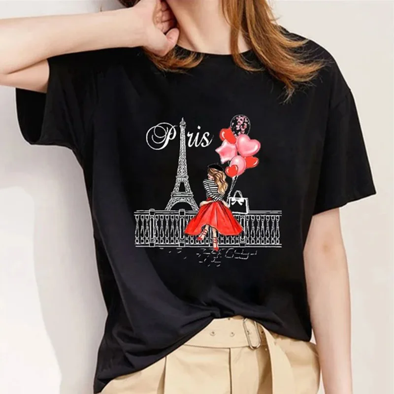 Women's Paris Graphic T Shirts Short Sleeve Tops Base O-neck Black Tees Girls Summer Clothing Fashion Tshirts
