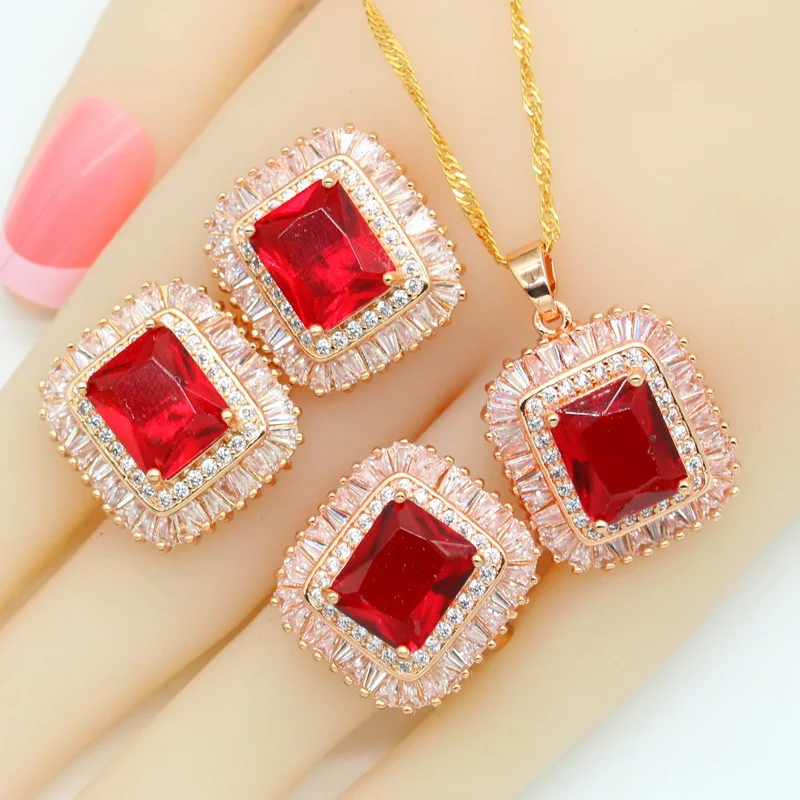 Red White Stones Gold Color Wedding Jewelry Sets For Women Necklace Pendant Earrings Rings Gift Box