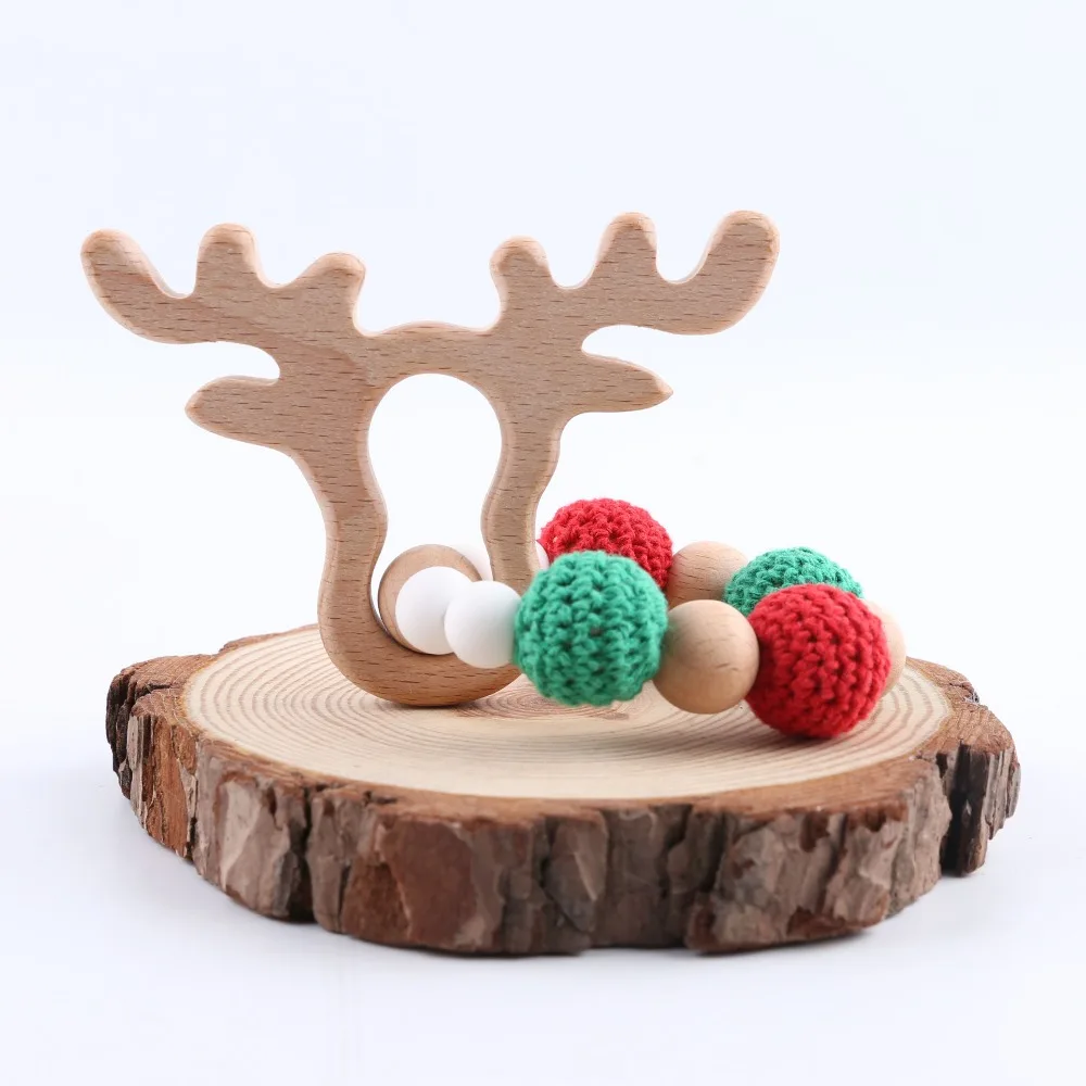 Mordedor de madera Aniaml Sika Deer DIY, pulsera de bebé, sonajeros de madera de haya, cuentas de ganchillo, regalos para niños, productos de