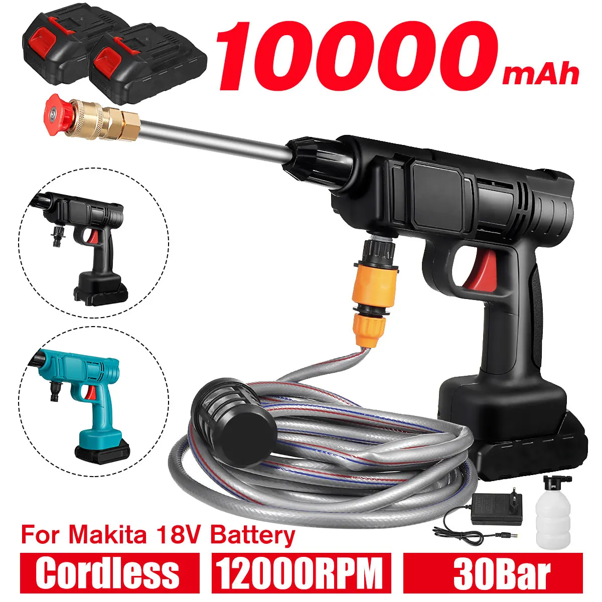 Imagem -02 - Pistola de Água para Lavagem de Carro 30bar 10000mah sem Fio Elétrica Alta Pressão Recarregável Pistola Spray para Carros Makita Bateria de 18v
