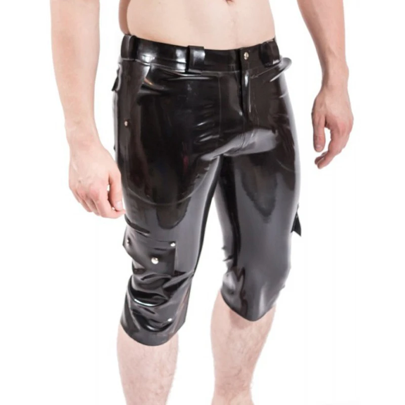 Black Sexy Long Leg Latex Boxer Shorts With Zipper And Pockets Rubber Briefs Bottoms DK-0216