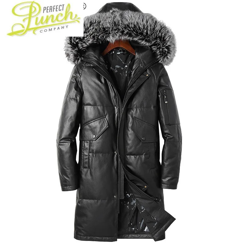 

Genuine 2021 Cowhide Leather Jacket Men Hooded Raccoon Fur Collar Coat for Men White Duck Down Parkas Jaquetas Gxy263