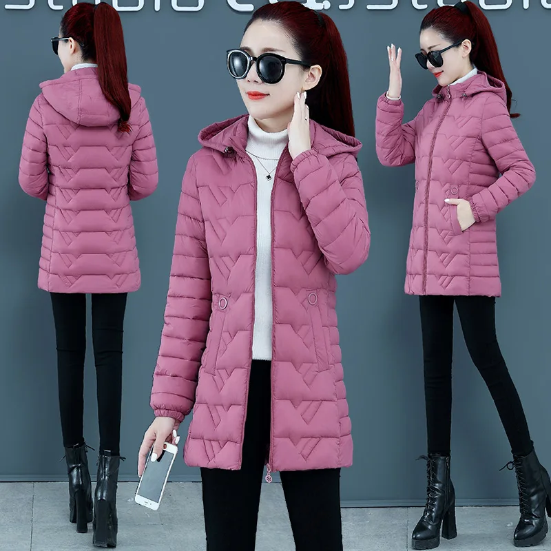 가을 겨울 파카 여성 다운 코튼 자켓 새로운 후드 미드 롱 코트 중년 여성 코튼 패딩 겉옷 패션