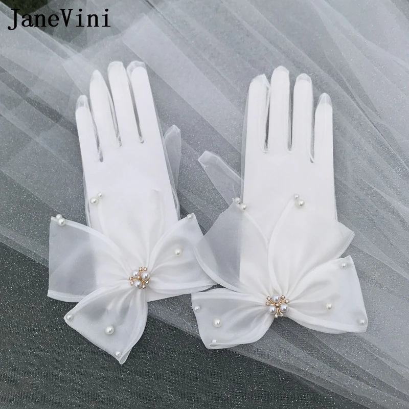 JaneVini – gants de mariée en Tulle transparent pour femmes, élégants, longueur au poignet, blancs, avec perles, pour robe de soirée de mariage, nouvelle collection