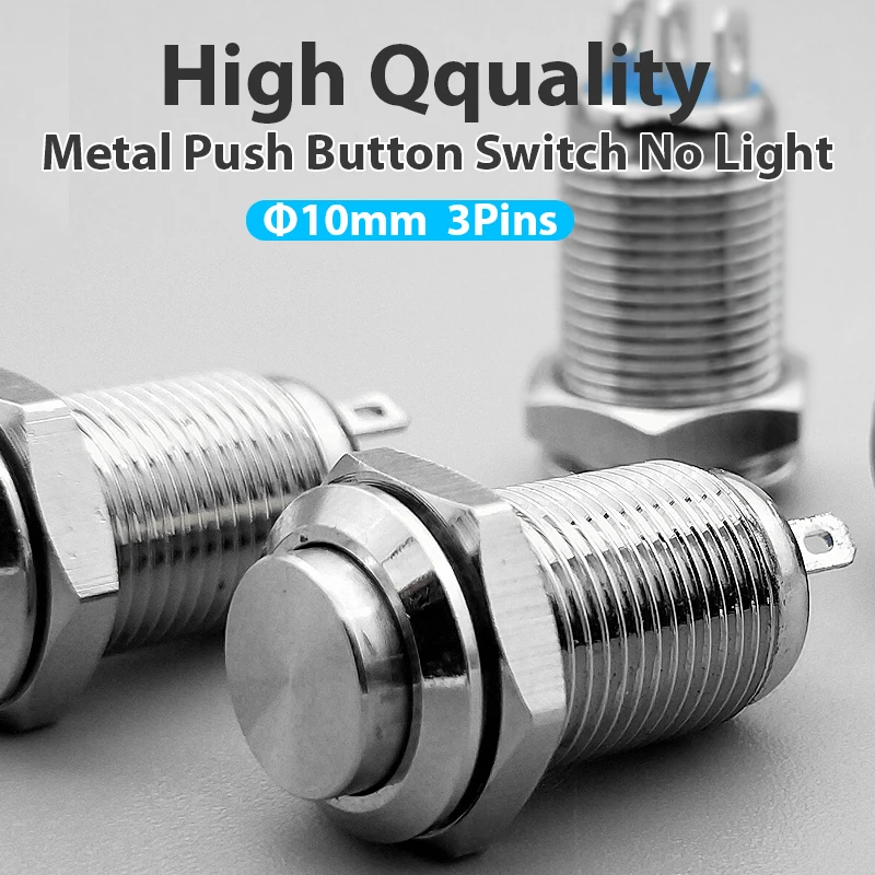 1PCs 10mm Mini Metal Button Switch Power Push Button Flat/High Head Type 2A/36VDC Self-Locking/Reset 3pin Soldering IP65