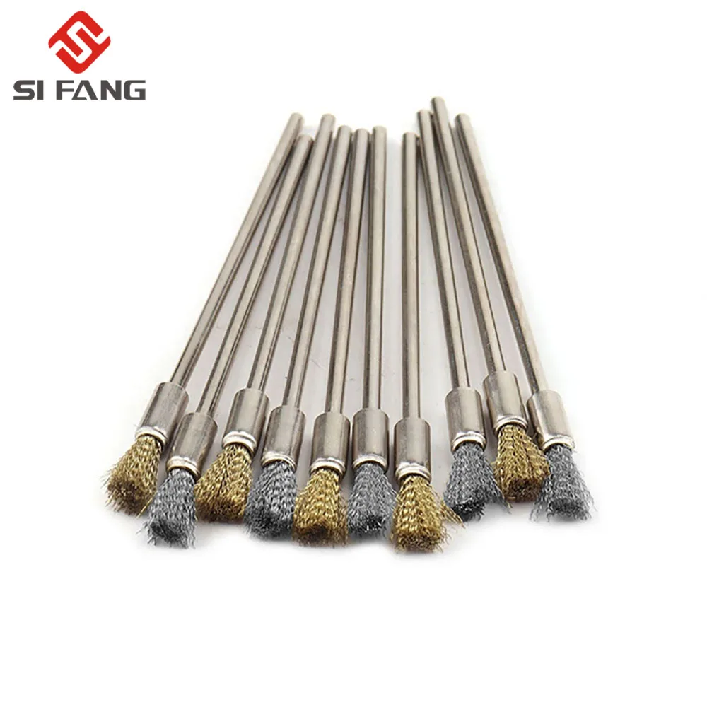 10pcs Professional Stainless Steel Wire End Brush Brass Pen Shape 6mm Extension Rod 1/8\