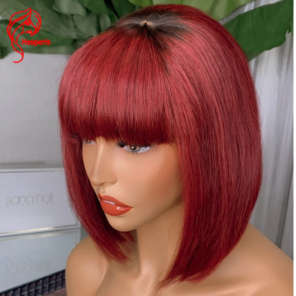 Hesperis Ombre Red Bob Cut Wigs With Bangs Scalp Top Full Machine Made Wear And Go Wig Short Bob Red Wig For Black Women image 2