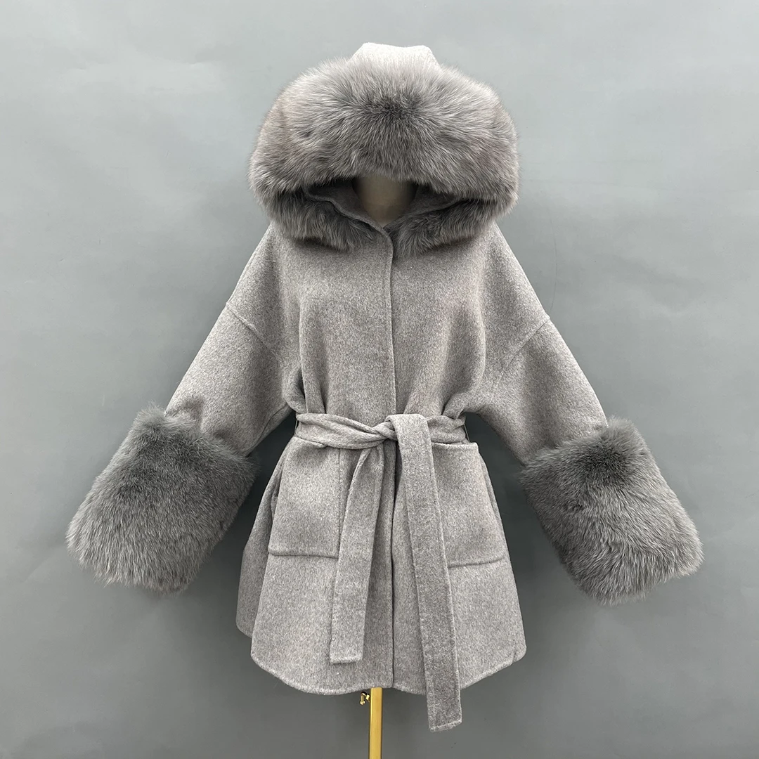 Fashion Winter Cashmere Coat Short Style Women Wool Jackets Real Fox Fur Hooded Female Woolen Coat