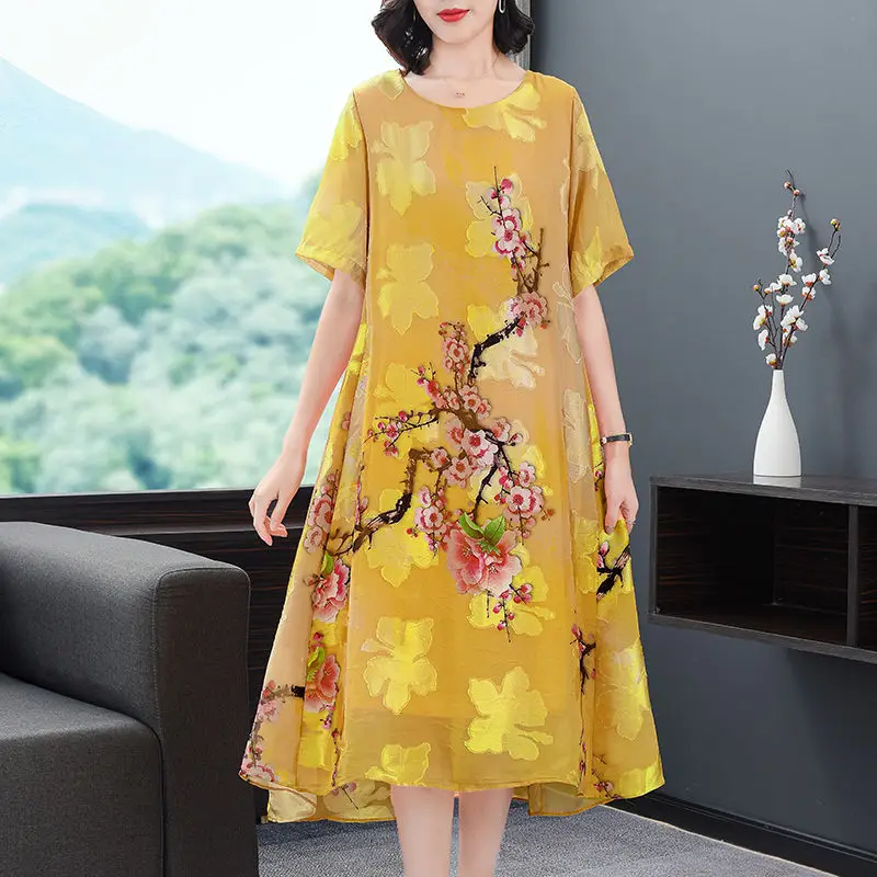 

2021 New Print Silk Chiffon Women Dresses Beach Style Loose Short Sleeve O-Neck Female Dresses 4XL Casual Long Dresses LJ3358