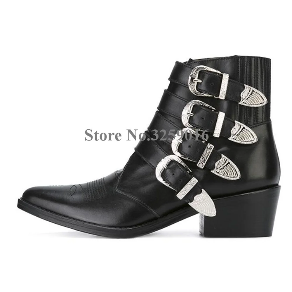 Women Fashion Pointed Toe Metal Buckle Design Low Thick Heel Ankle Boots Black Blue Straps Knight Short Boots Leisure Shoes