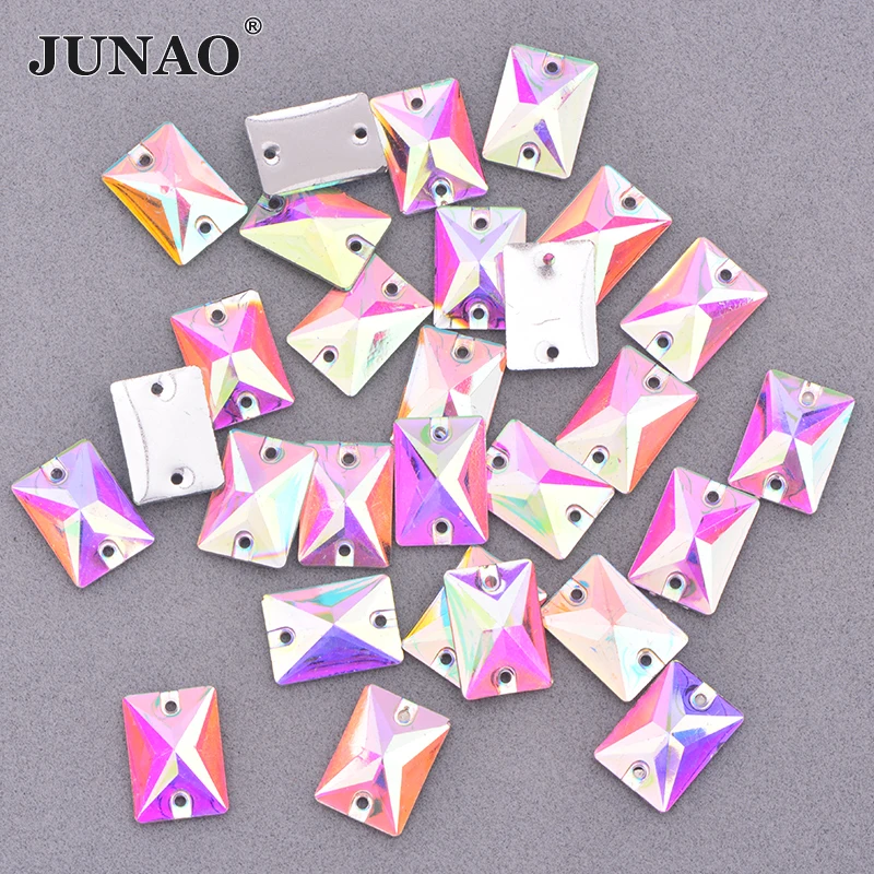 JUNAO 50pcs 10x14mm Sewing Crystal AB Rectangle Rhinestone Flatback Resin Crystal Applique Sewn Strass Stones for Clothes Crafts