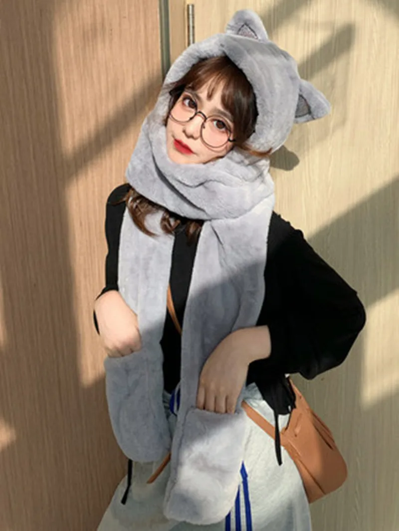 New Autumn/Winter 2023 Girls Hot Hat With Double Scarf and Gloves White Pink Skin Tone Grey Leisure Taking Pictures On a Date