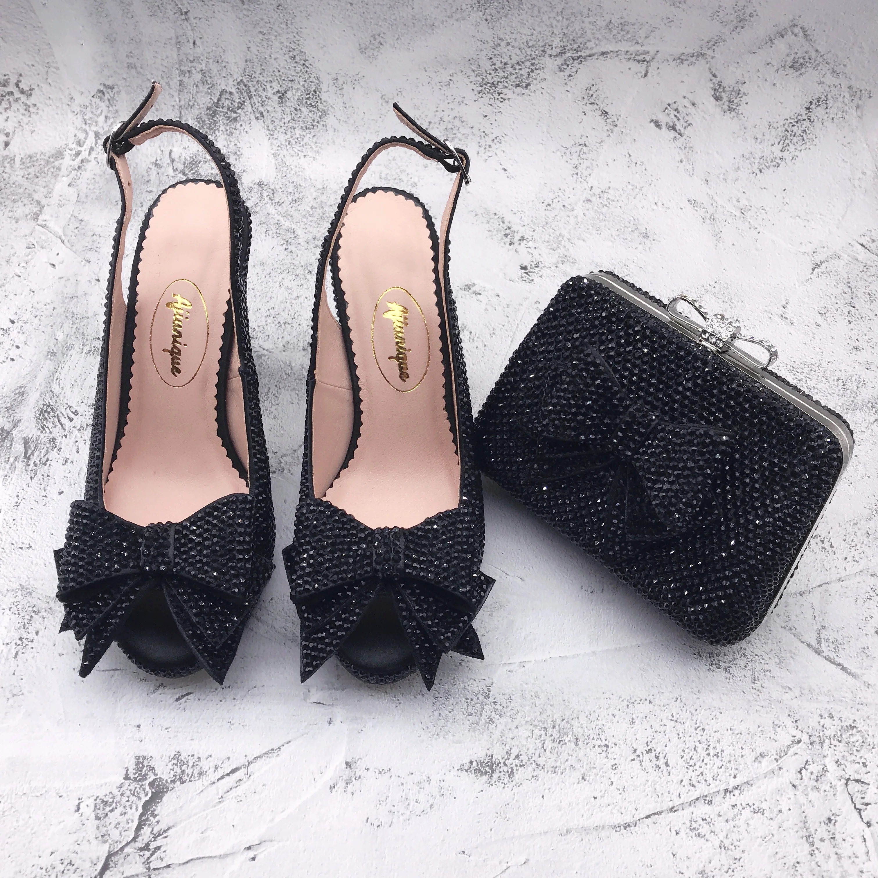 BS1386  Custom Made Heel Height  Women Shoes Dress Pumps  Bridal Wedding Shoes  Black Crystal Shoes With Matching Bag Set