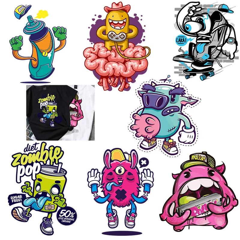 Cartoon Brain Robot Anime Heat Transfer Cute Patches Game Sprite Patches For Clothes DIY Iron On Patches On Clothes Kids Patch