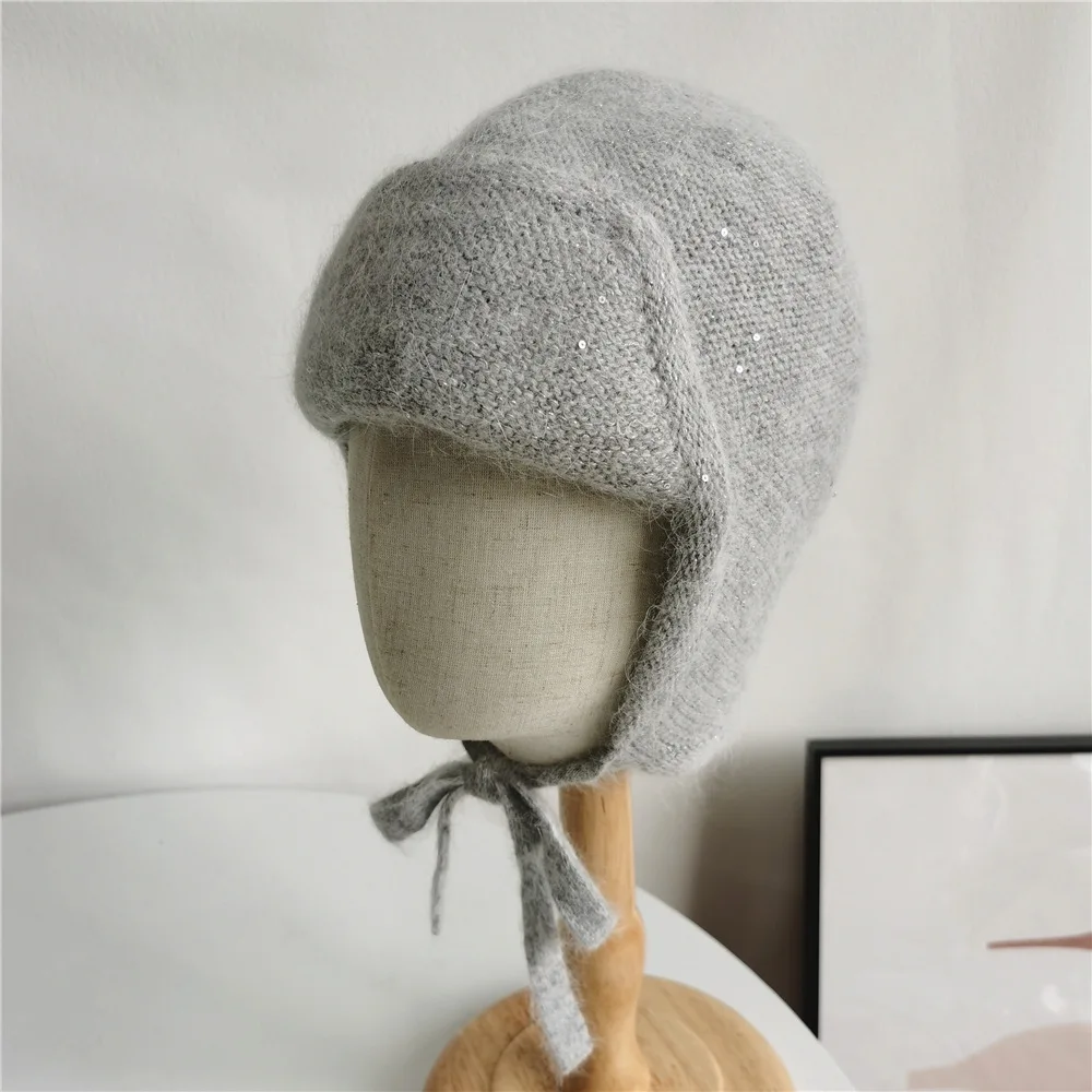 Gorro de punto de Angora para mujer, orejeras, cálido, accesorio de esquí al aire libre para adolescentes, Otoño e Invierno