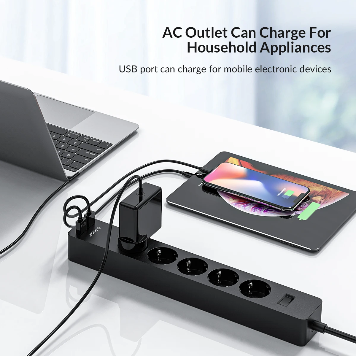 ORICO Power Strip Multiprise AC+2USB Electronic Socket Home Office Surge Protector EU Plug Extension Cable Wall Mounted Charger