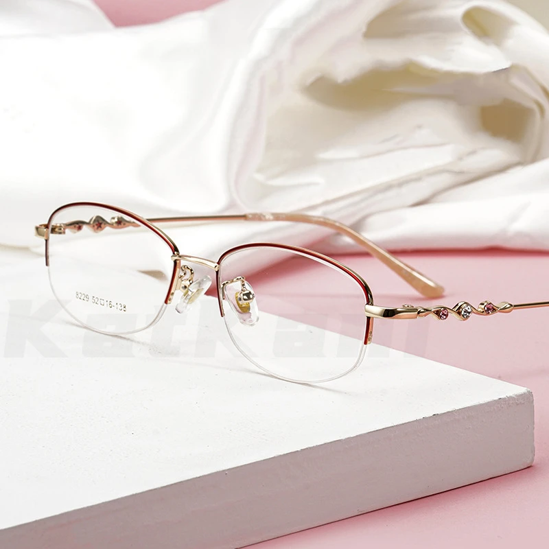 KatKani Ultra-Light Half-Frame Optical Glasses Frame Temperament Diamond-Studded Ladies Metal Prescription Glasses Frame 01-8229