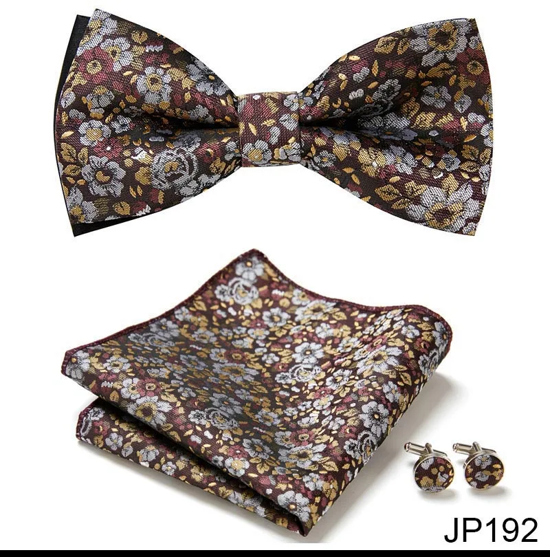 Great Quality Silver Office Butterfly Hanky Cufflink Set Bowtie For Men Geometric Hombre Formal Clothing