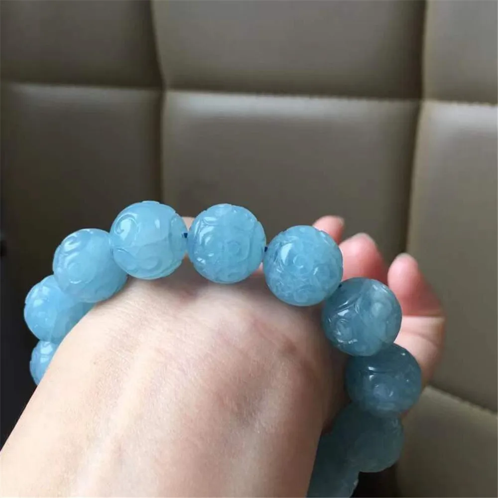 15mm Natural Ocean Blue Aquamarine Bracelet For Women Lady Man Clear Crystal Loose Round Beads Gemstone Stretch Jewelry AAAAA