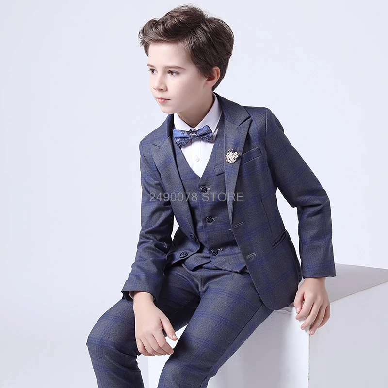 

Boys Luxurious Wedding Suit Prince Noble Plaid Jacket Vest Pants Bowtie 4Pcs Dress Children Piano Show Performance Party Costume