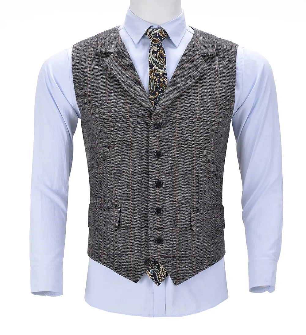 

Men's Vests Tweed Mens Business Vest Boutique Wool Plaid Slim Fit Herringbone Grey Cotton Suit Waistcoat For Wedding Groomsmen