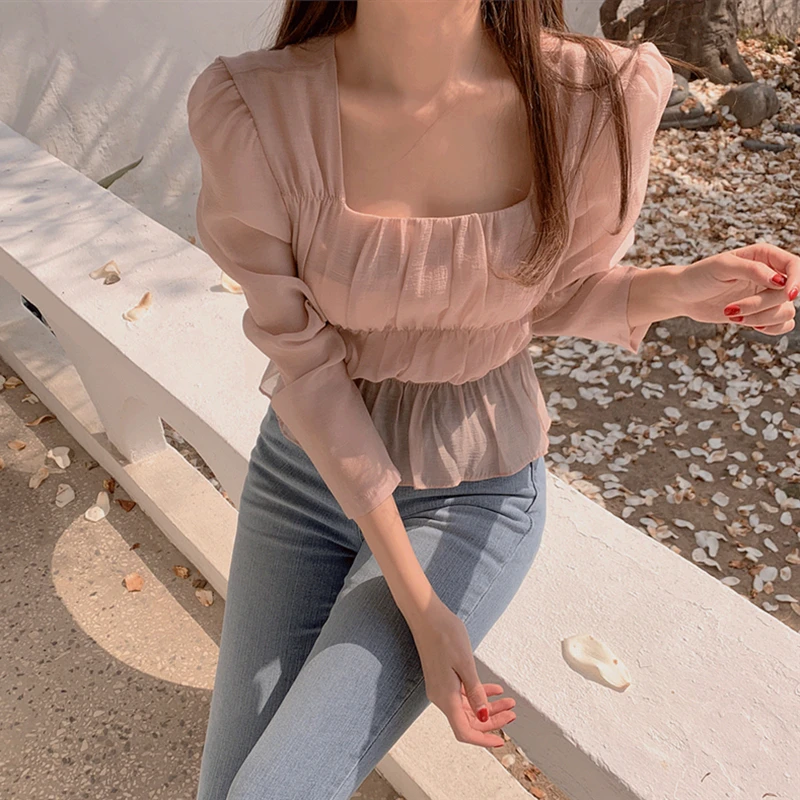 New 2021 Summer Autunm Women Blouses Fashionable Shirt Sweet Square Collar Elegant Wild Korean Lady Vintage Pink Tops BL3336