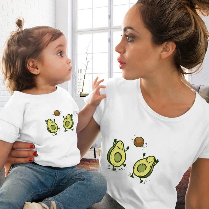 

Lovely Cartoon avocado Women Tshirt Mother Daughter Family Matching Clothes Summer White Soft Print T-shirts Women Tops Kids Tee