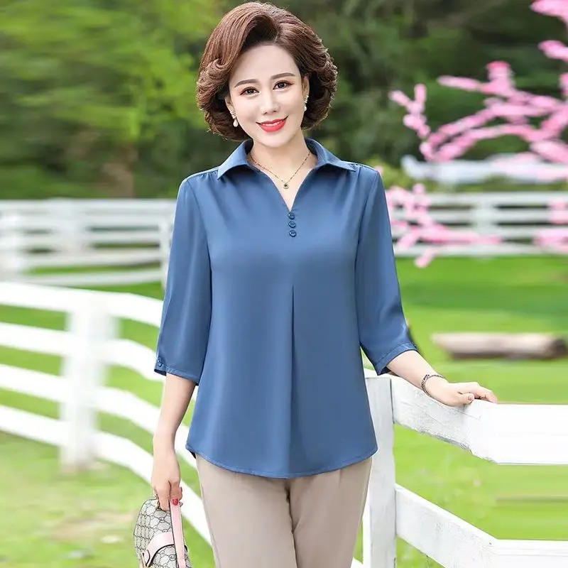 Elegant solid Chiffon shirt Women Fashion casual puls size 7XL Three Quarter blue tops ladies 2021 new summer loose Mom blouse