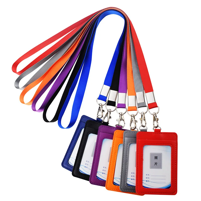 PU Leather Employees Staff Work Card Holder ID Name Tag Bus Card Sleeve with Lanyard Rope Door Identity Badge Holder Cover Case