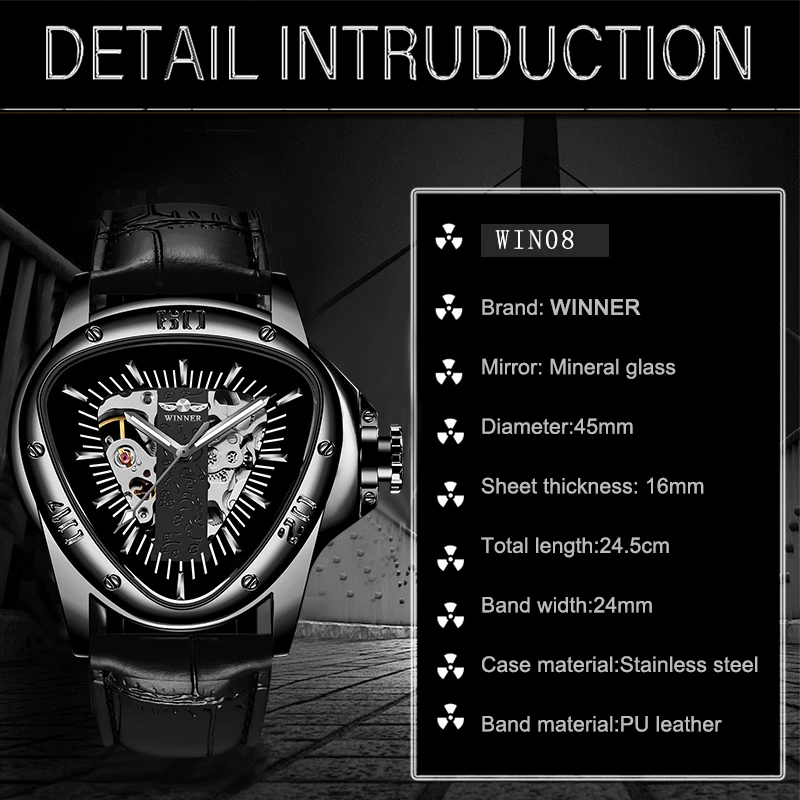 Winner Full Black Unique Triangle Dial Design Luminous Hand Sport Clock Male Mechanical Automatic Watches Top Brand Luxury Clock