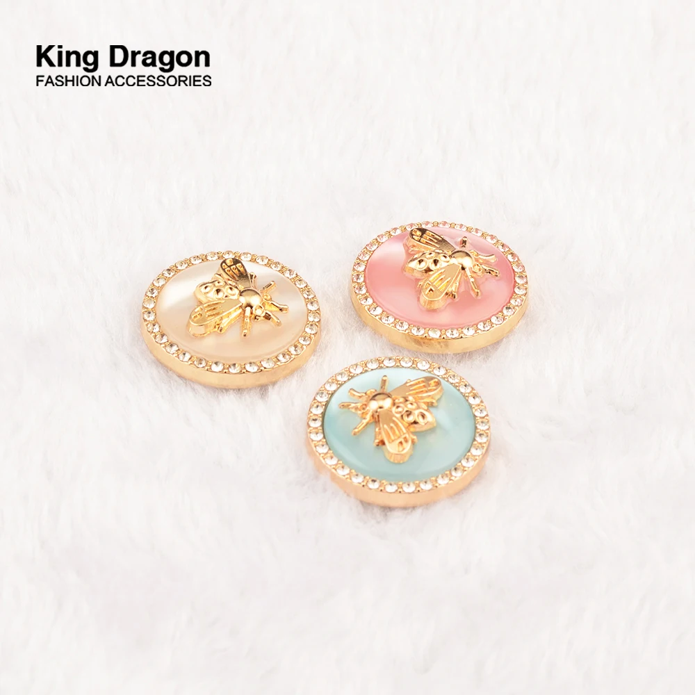 New Arrival 6PC Antique Rhinestone Decor Metal Gold Bee Pink Blue Pearl Buttons For Clothes Coat Cardigan Sweater Sew Needlework
