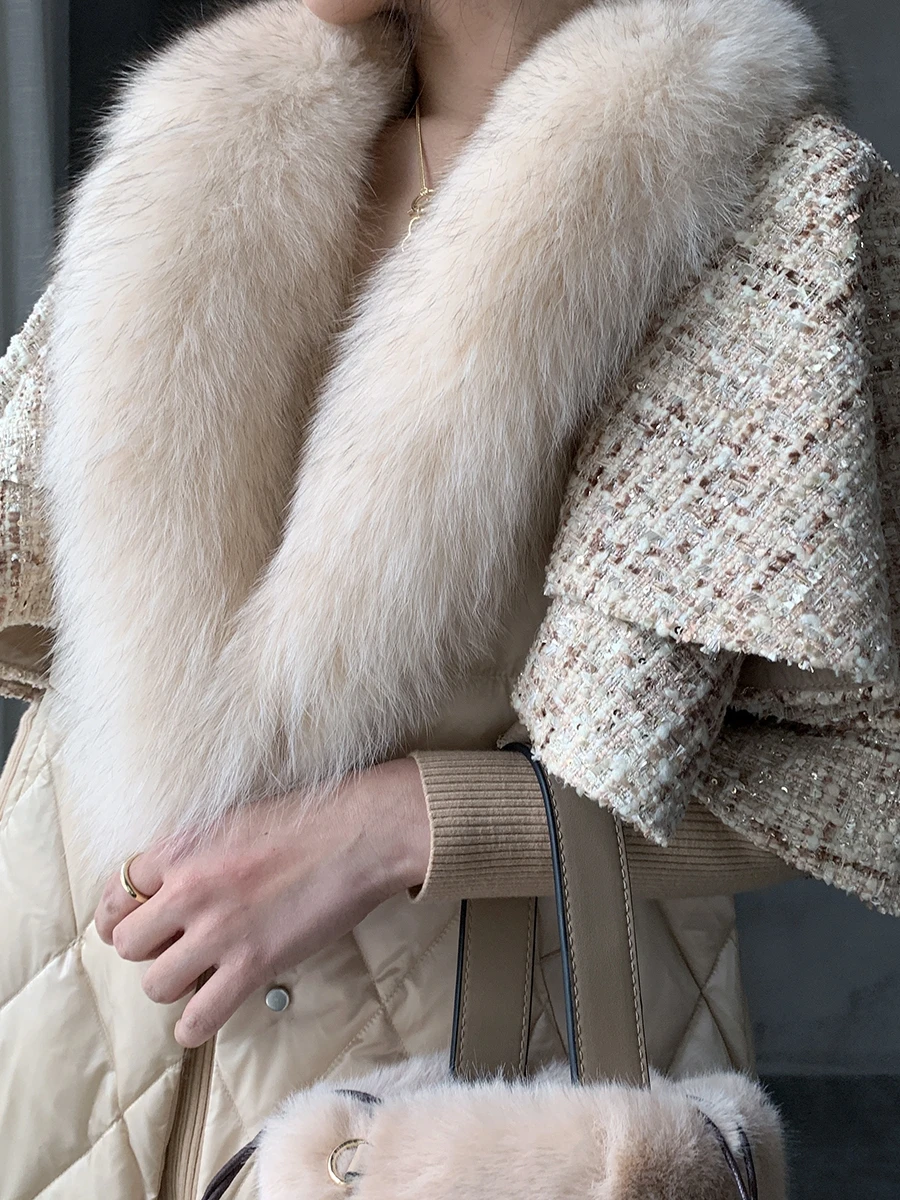 Abrigo de invierno con cuello de pico de piel de zorro Natural para mujer, chaqueta de plumón de pato, manga de pétalos, Parkas gruesas y cálidas,