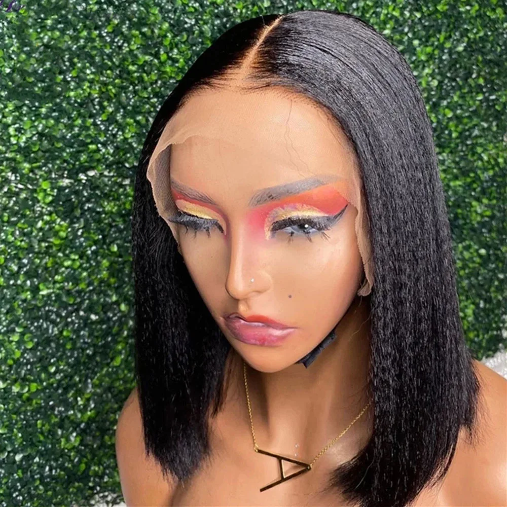 

Yaki Straight Human Hair Wigs Natural Looking 120% Density Middle Part Short Bob Wigs Preplucked Hairline Baby Hairs