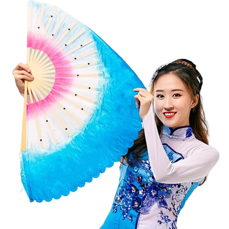 2 Stuks Sequine Buikdans Fan Versluiert Korte Hand Bamboe Opvouwbare Ventilator Voor Bellydance Praktijk Gradiënt Kleur Chinese Folk Square Prop