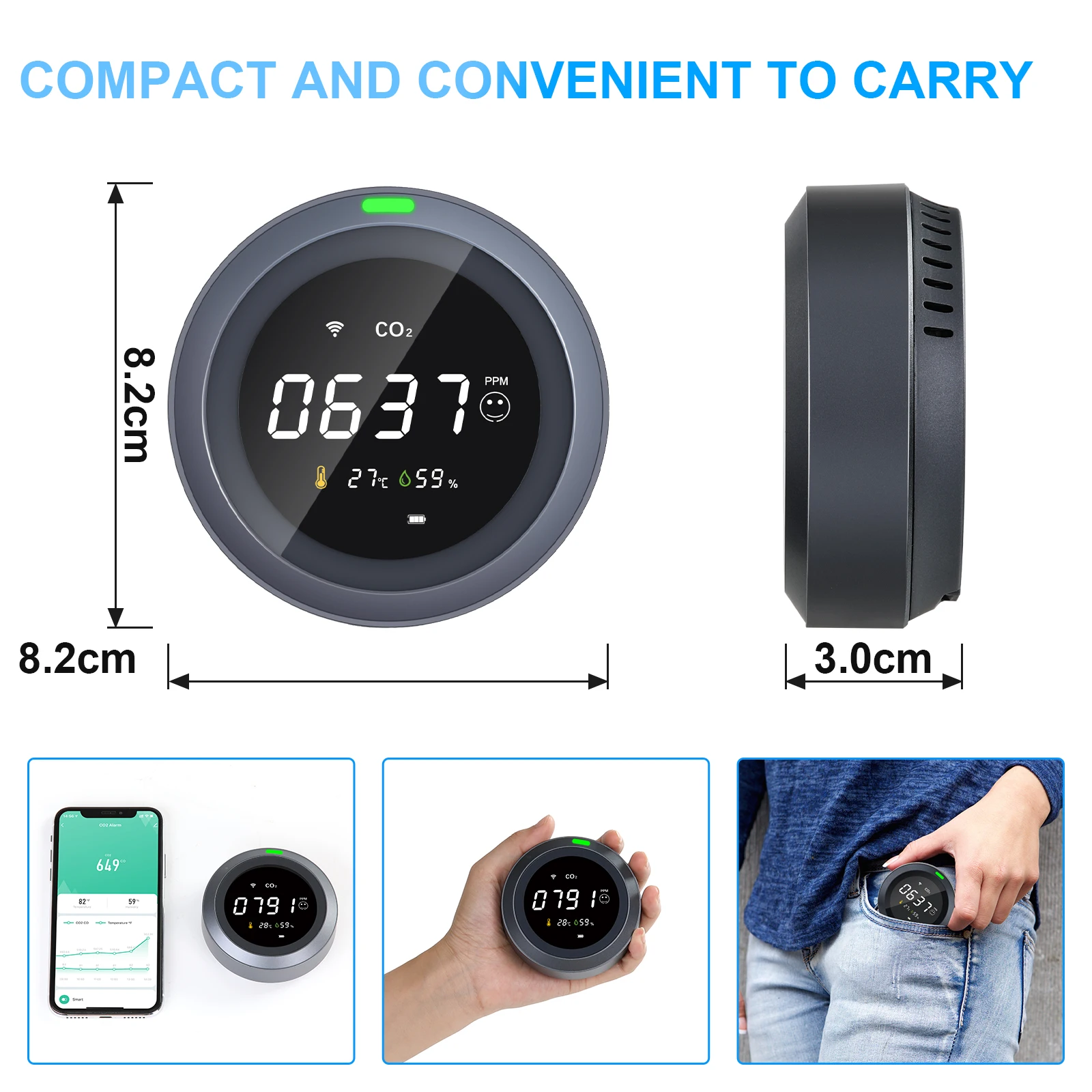 Protmex Tuya WiFi Smart Carbon Dioxide Detector Multifunction Portable Temperature Humidity App Alarm CO2 Air Quality Monitor