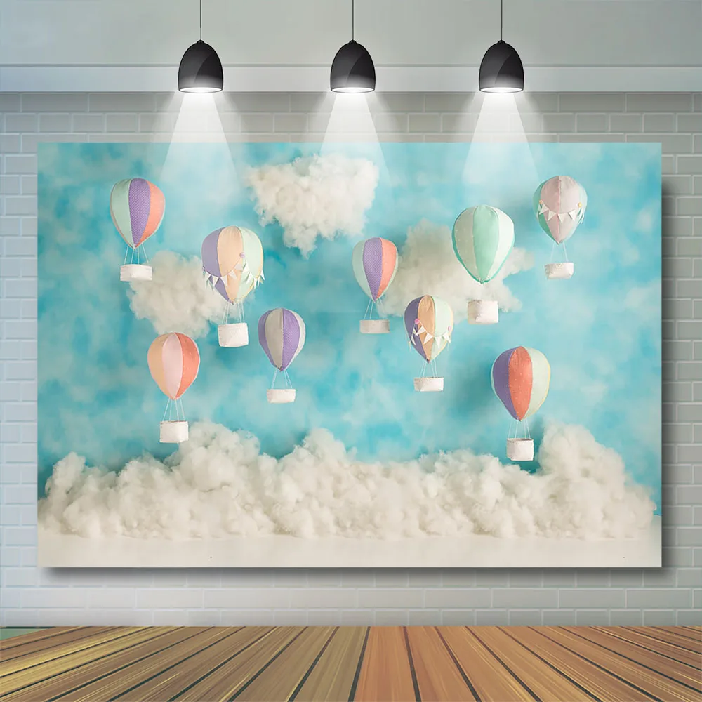 เค้ก Smash การถ่ายภาพพื้นหลัง Hot Air Balloon Theme Blue Sky เมฆสีขาวเด็ก1st วันเกิดฉากหลังปาร์ตี้ Photo Studio