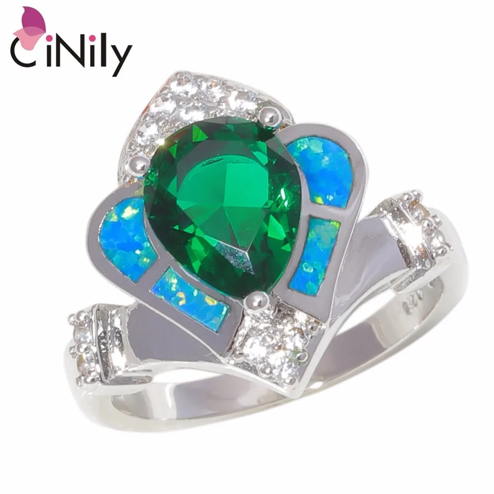 CiNily Created White Blue Fire Opal Cubic Zirconia Silver Plated Wholesale for Women Jewelry Birthday Gift Ring Sz 6-10 OJ9381-2